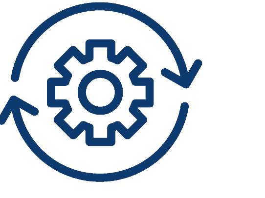 Biomedical research gear icon with interconnected arrows and gear symbol.