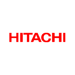 Hitachi company logo displayed on a pink background for branding and corporate identity.