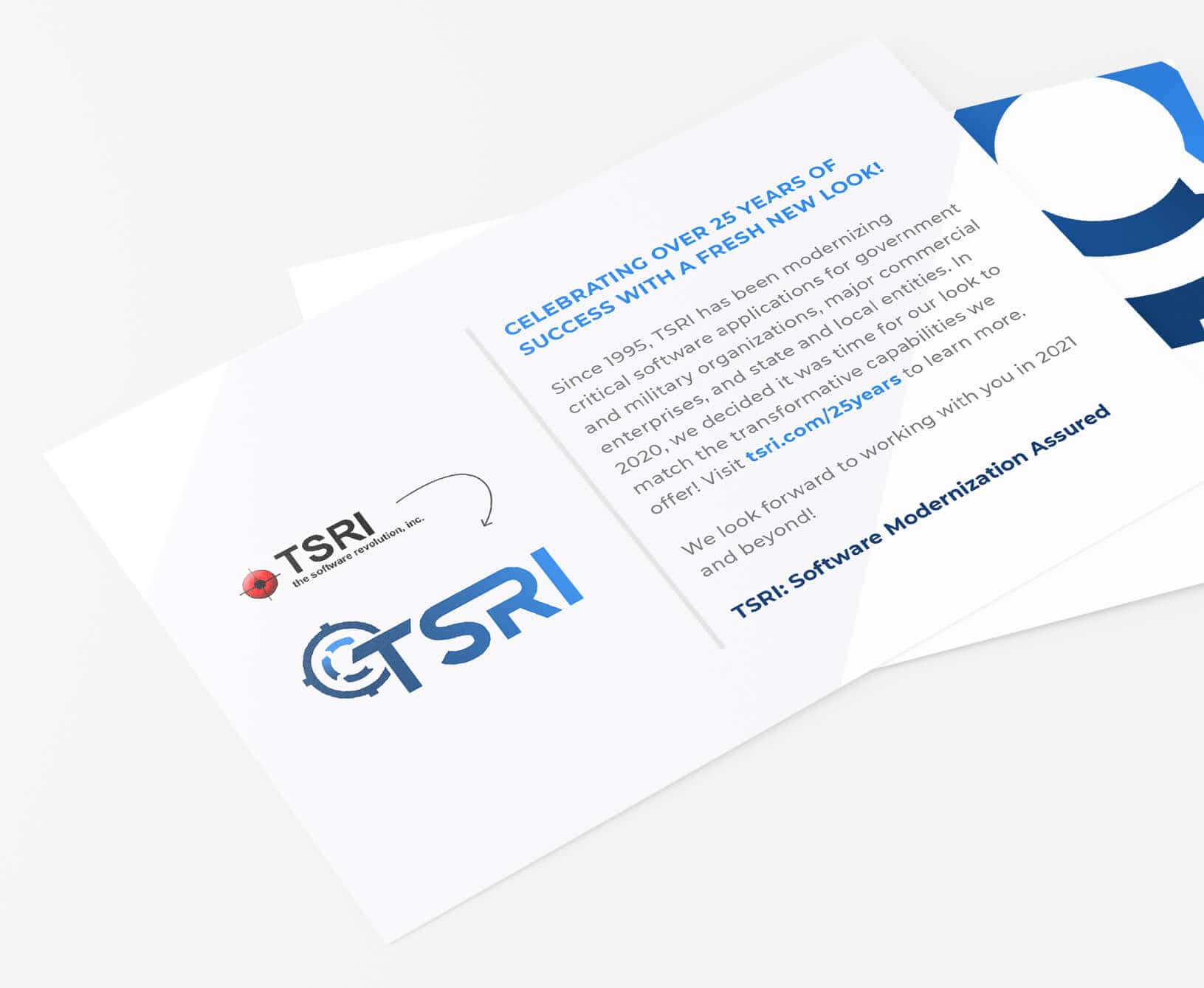 TSRI logo on anniversary celebration card, highlighting 25 years of success.