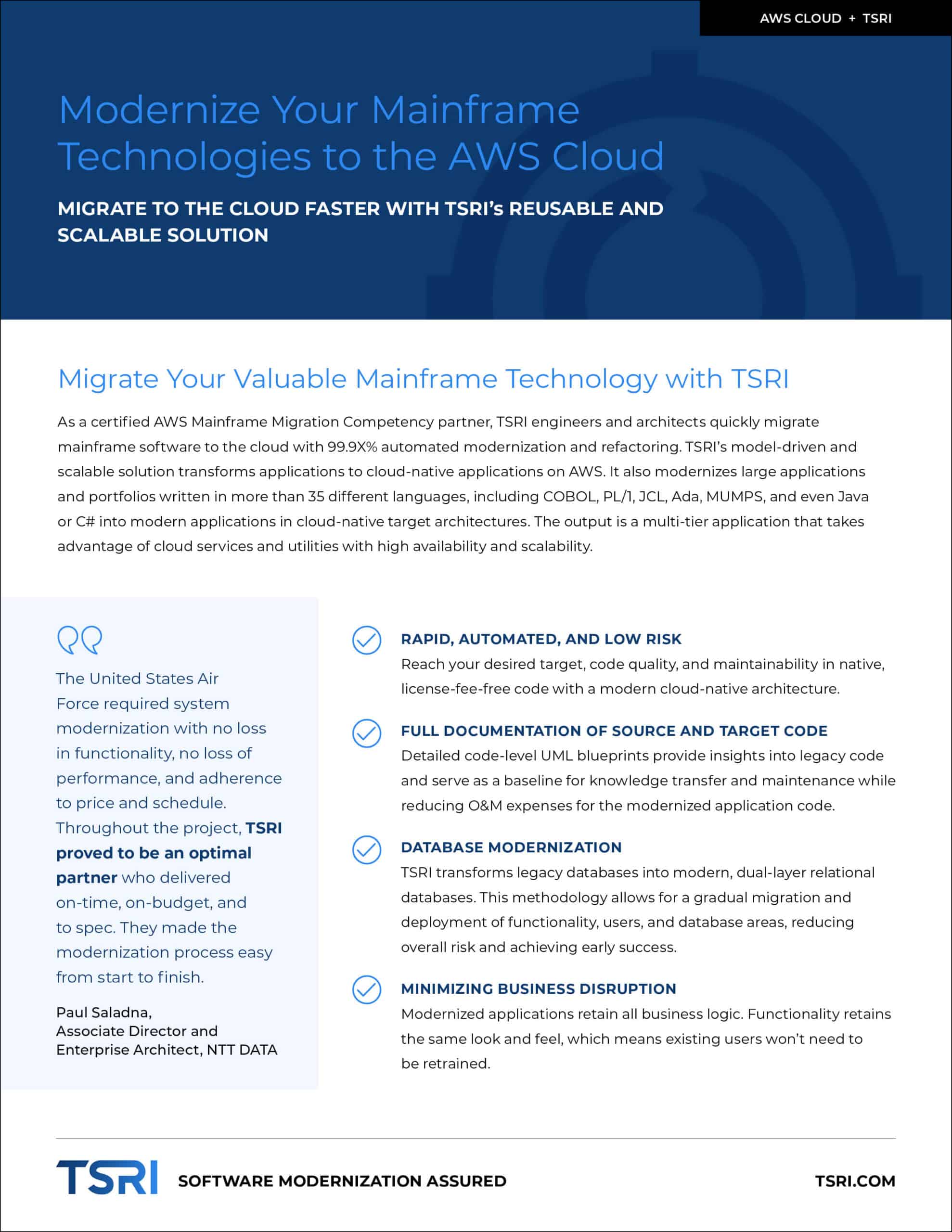 Mainframe modernization with AWS cloud solutions by TSRI for scalable, reliable IT infrastructure.