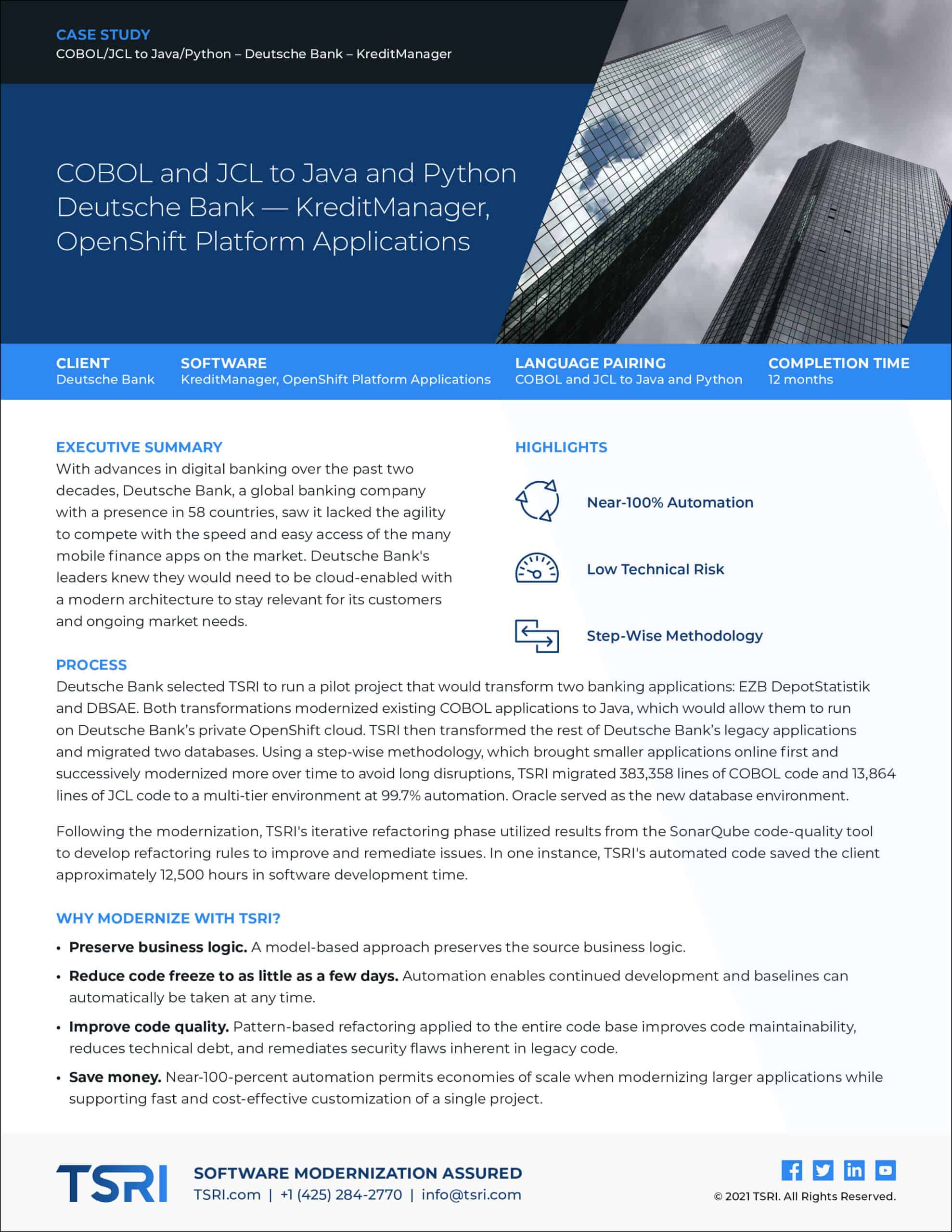 COBOL to Java and Python migration for Deutsche Bank's OpenShift platform.