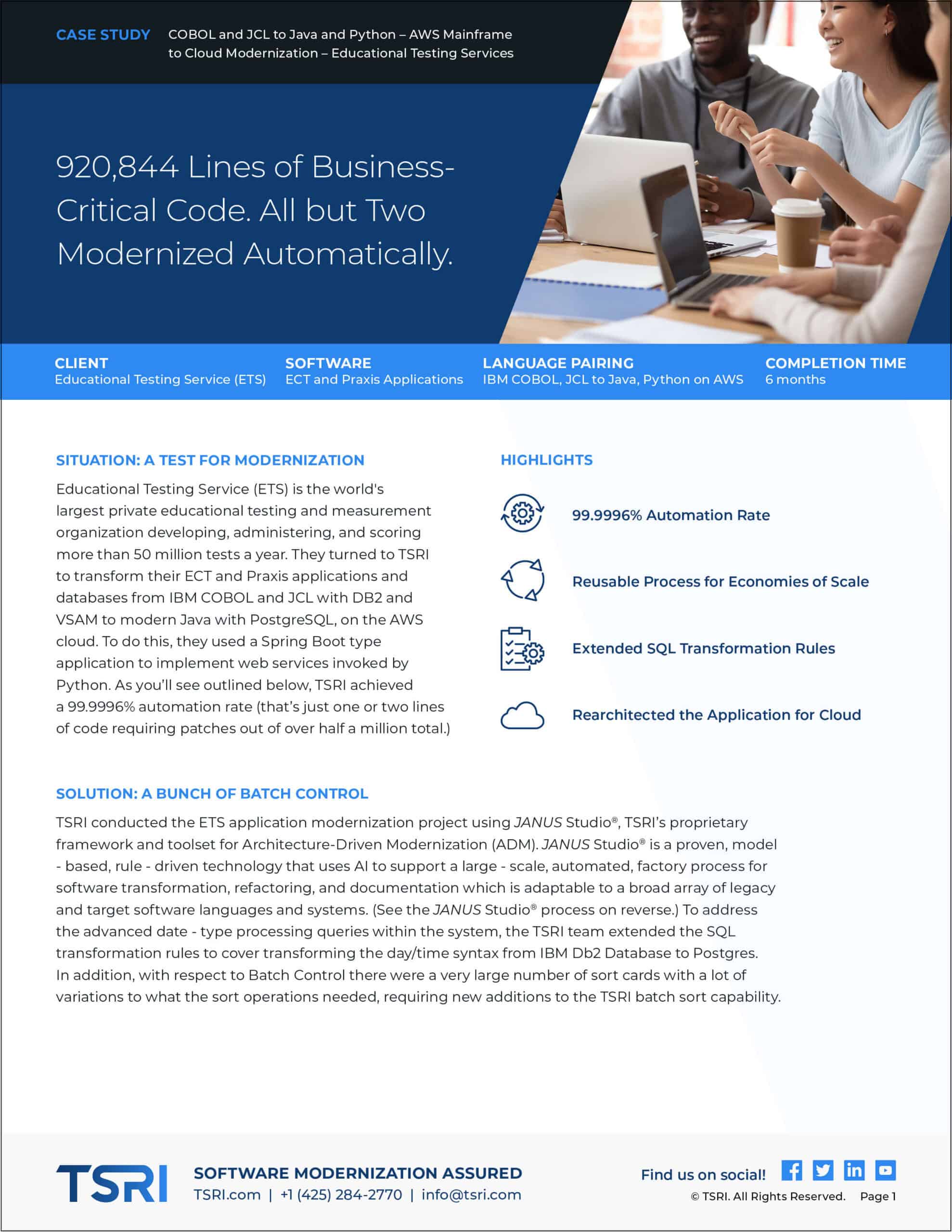 Educational Testing Service automates business processes with TSRI's modernized solutions.