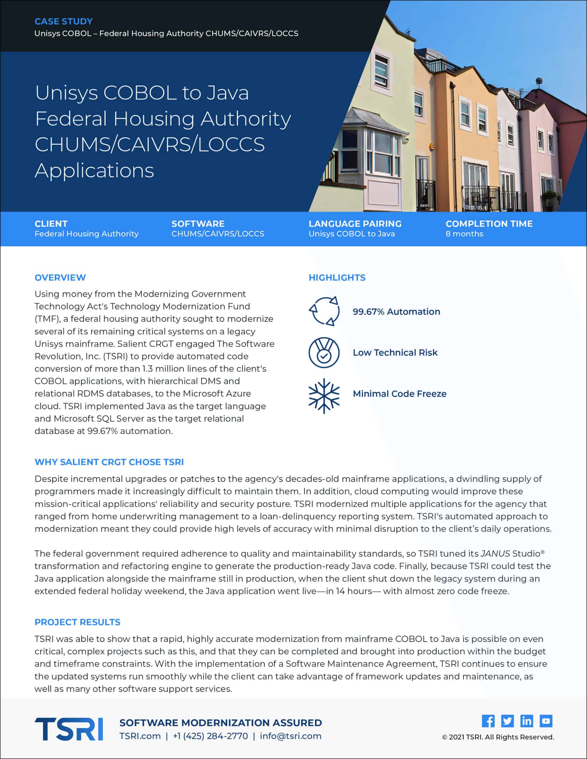 Unisys COBOL to Java migration for Federal Housing Authority applications.