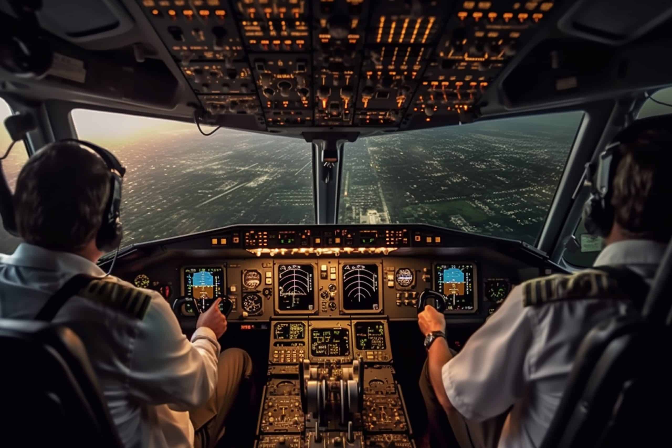 Autopilot cockpit view with pilots flying a commercial airplane at sunset.